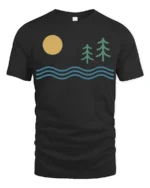 Minimal Nature Landscape Sun Waves Pine Trees Graphic Tee Tshirt - black t-shirt on white background