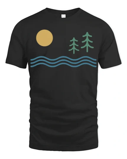 Minimal Nature Landscape Sun Waves Pine Trees Graphic Tee Tshirt - black t-shirt on white background