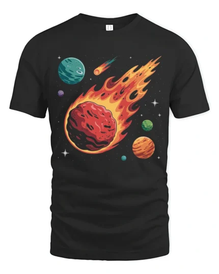 Fiery Meteor Space Planets Galaxy Explosion Graphic Tee Tshirt - black t-shirt on white background