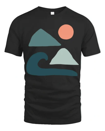 Minimal Ocean Wave Mountain Sun Abstract Art Graphic Tee Tshirt - black t-shirt on white background