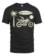 Retro Beach Motorcycle Surfboard Palm Tree Graphic Tee Tshirt - black t-shirt on white background