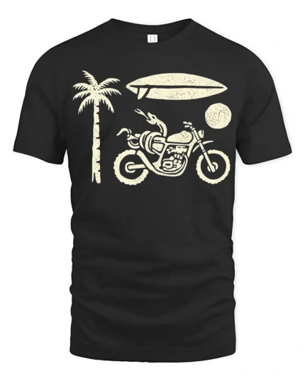 Retro Beach Motorcycle Surfboard Palm Tree Graphic Tee Tshirt - black t-shirt on white background