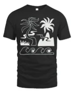 Minimal Tropical Beach Waves Palm Tree Line Art Graphic Tee Tshirt - black t-shirt on white background