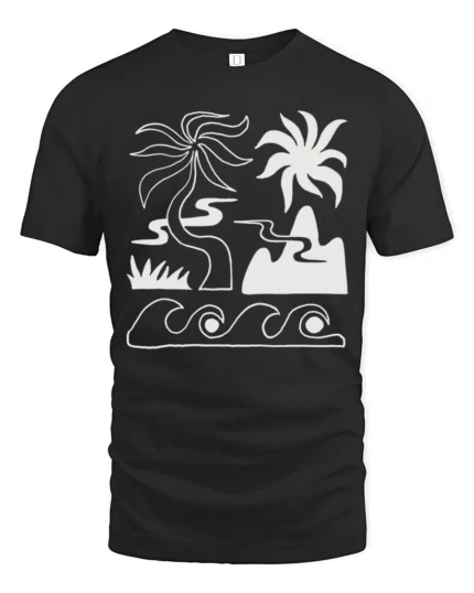 Minimal Tropical Beach Waves Palm Tree Line Art Graphic Tee Tshirt - black t-shirt on white background