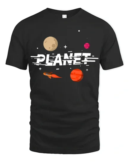 Retro Planet Rocket Space Adventure Graphic Tee Tshirt - black t-shirt on white background