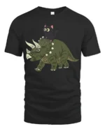 Funny Cat Riding Dinosaur Cute Cartoon Graphic Tee Tshirt - black t-shirt on white background