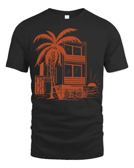 Tropical Beach House Sunset Palm Tree Vacation Graphic Tee Tshirt - black t-shirt on white background