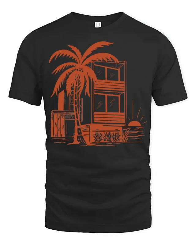Tropical Beach House Sunset Palm Tree Vacation Graphic Tee Tshirt - black t-shirt on white background