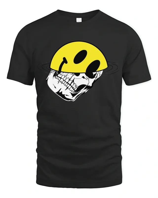 Edgy Skull With Smile Helmet Graphic Tee Tshirt Urban Vibes - black t-shirt on white background