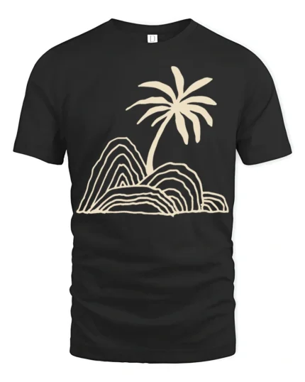 Minimal Palm Tree Island Line Art Beach Vibe Graphic Tee Tshirt - black t-shirt on white background