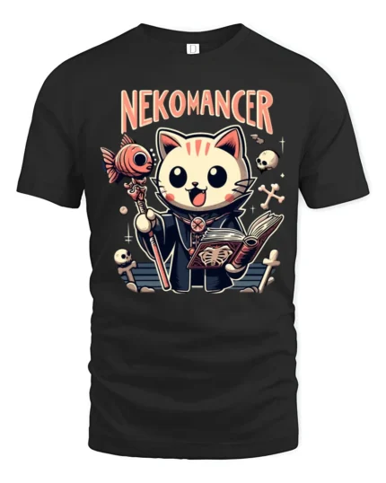 Cute Nekomancer Cat Necromancer Funny Magic Graphic Tee Tshirt - black t-shirt on white background