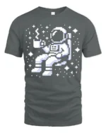 Pixel Astronaut Coffee Space Retro Gamer Graphic Tee Tshirt - gray t-shirt on white background