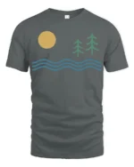Minimal Nature Landscape Sun Waves Pine Trees Graphic Tee Tshirt - gray t-shirt on white background