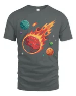 Fiery Meteor Space Planets Galaxy Explosion Graphic Tee Tshirt - gray t-shirt on white background