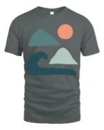 Minimal Ocean Wave Mountain Sun Abstract Art Graphic Tee Tshirt - gray t-shirt on white background