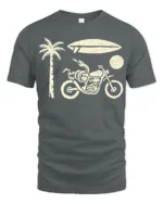 Retro Beach Motorcycle Surfboard Palm Tree Graphic Tee Tshirt - gray t-shirt on white background