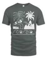 Minimal Tropical Beach Waves Palm Tree Line Art Graphic Tee Tshirt - gray t-shirt on white background