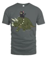Funny Cat Riding Dinosaur Cute Cartoon Graphic Tee Tshirt - gray t-shirt on white background