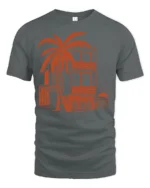 Tropical Beach House Sunset Palm Tree Vacation Graphic Tee Tshirt - gray t-shirt on white background