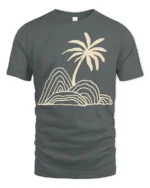Minimal Palm Tree Island Line Art Beach Vibe Graphic Tee Tshirt - gray t-shirt on white background