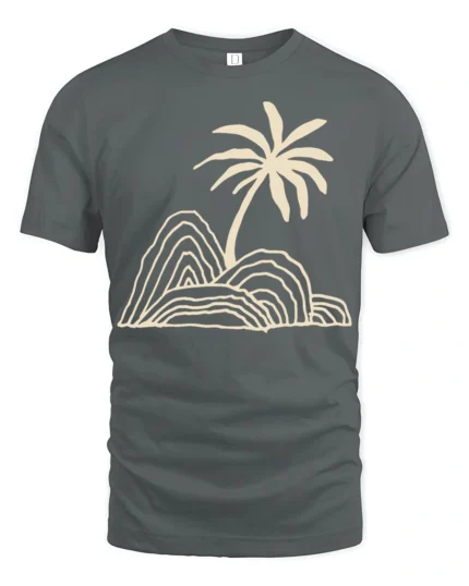 Minimal Palm Tree Island Line Art Beach Vibe Graphic Tee Tshirt - gray t-shirt on white background
