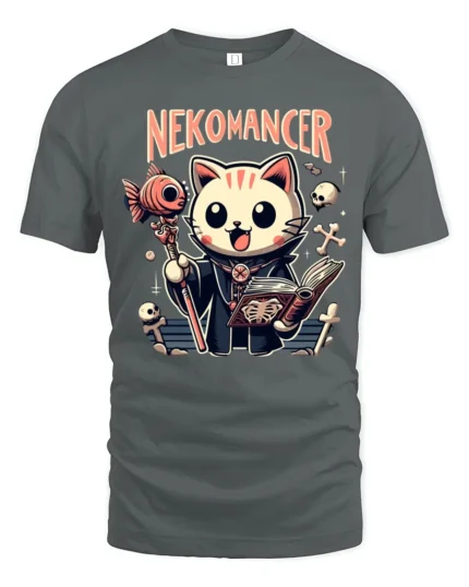 Cute Nekomancer Cat Necromancer Funny Magic Graphic Tee Tshirt - gray t-shirt on white background