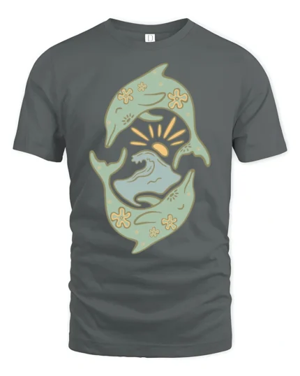 Dolphin Ocean Wave Sun Retro Coastal Aesthetic Graphic Tee Tshirt - gray t-shirt on white background