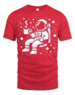 Pixel Astronaut Coffee Space Retro Gamer Graphic Tee Tshirt - red t-shirt on white background
