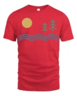 Minimal Nature Landscape Sun Waves Pine Trees Graphic Tee Tshirt - red t-shirt on white background