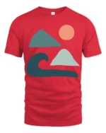 Minimal Ocean Wave Mountain Sun Abstract Art Graphic Tee Tshirt - red t-shirt on white background