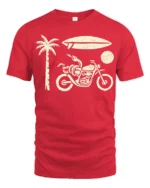 Retro Beach Motorcycle Surfboard Palm Tree Graphic Tee Tshirt - red t-shirt on white background