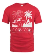 Minimal Tropical Beach Waves Palm Tree Line Art Graphic Tee Tshirt - red t-shirt on white background