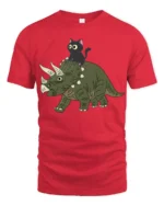 Funny Cat Riding Dinosaur Cute Cartoon Graphic Tee Tshirt - red t-shirt on white background