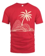 Minimal Palm Tree Island Line Art Beach Vibe Graphic Tee Tshirt - red t-shirt on white background