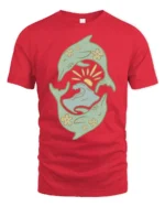 Dolphin Ocean Wave Sun Retro Coastal Aesthetic Graphic Tee Tshirt - red t-shirt on white background