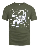 Pixel Astronaut Coffee Space Retro Gamer Graphic Tee Tshirt - military green t-shirt on white background