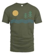 Minimal Nature Landscape Sun Waves Pine Trees Graphic Tee Tshirt - military green t-shirt on white background