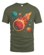 Fiery Meteor Space Planets Galaxy Explosion Graphic Tee Tshirt - military green t-shirt on white background