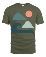 Minimal Ocean Wave Mountain Sun Abstract Art Graphic Tee Tshirt - military green t-shirt on white background
