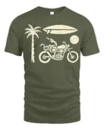 Retro Beach Motorcycle Surfboard Palm Tree Graphic Tee Tshirt - military green t-shirt on white background