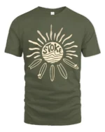 Stoked Surf Sun Retro Beach Vibes Graphic Tee Tshirt - military green t-shirt on white background