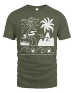 Minimal Tropical Beach Waves Palm Tree Line Art Graphic Tee Tshirt - military green t-shirt on white background