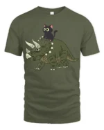 Funny Cat Riding Dinosaur Cute Cartoon Graphic Tee Tshirt - military green t-shirt on white background