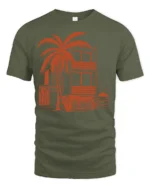 Tropical Beach House Sunset Palm Tree Vacation Graphic Tee Tshirt - military green t-shirt on white background