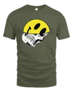Edgy Skull With Smile Helmet Graphic Tee Tshirt Urban Vibes - military green t-shirt on white background