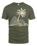 Minimal Palm Tree Island Line Art Beach Vibe Graphic Tee Tshirt - military green t-shirt on white background