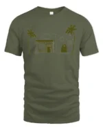 Minimal Beach House Palm Tree Coastal Sketch Graphic Tee Tshirt - military green t-shirt on white background