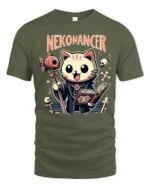Cute Nekomancer Cat Necromancer Funny Magic Graphic Tee Tshirt - military green t-shirt on white background