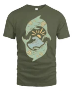 Dolphin Ocean Wave Sun Retro Coastal Aesthetic Graphic Tee Tshirt - military green t-shirt on white background