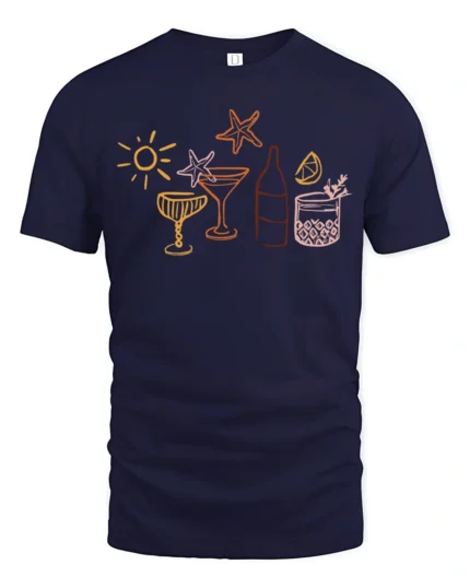 Summer Cocktail Beach Vibes Line Art Drinks Party Graphic Tee Tshirt - navy t-shirt on white background